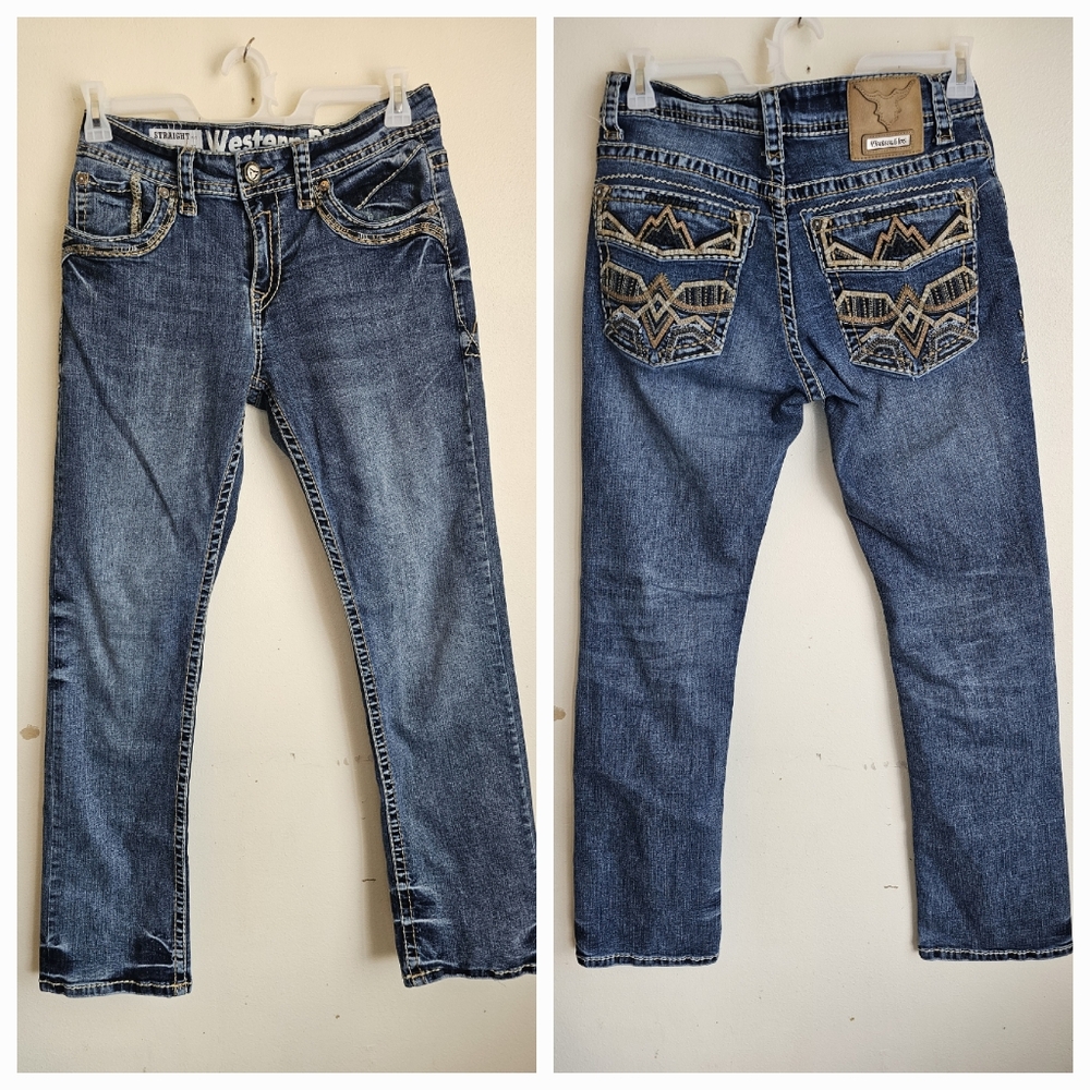 Western Blue Jeans Blue Boot Cut Solid with Embroidered Pockets size 31X32